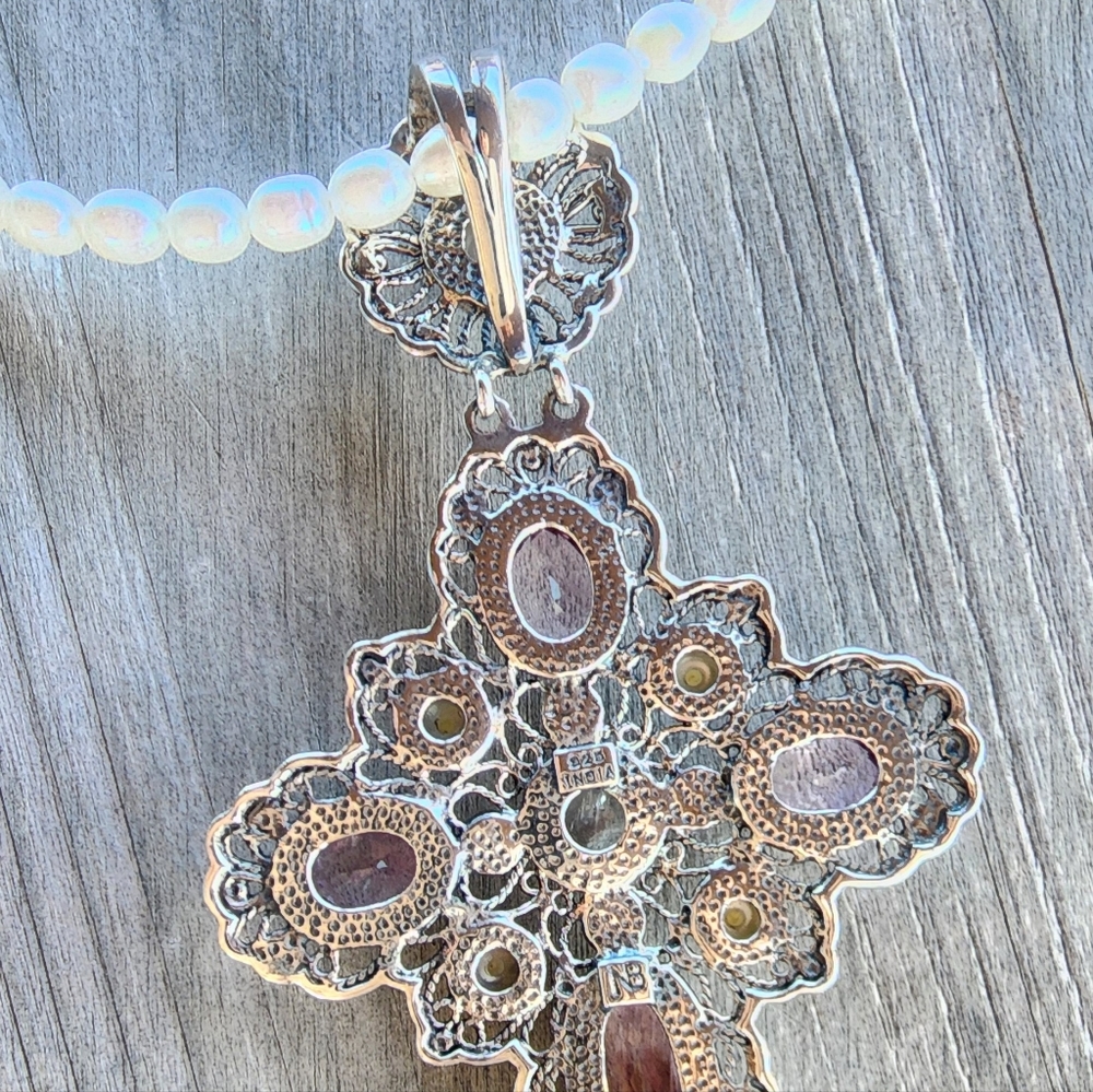 Nicky Butler Sterling Silver Pink Quartz Rhodolite Cross Pendant Pearl Necklace - Picture 10 of 16